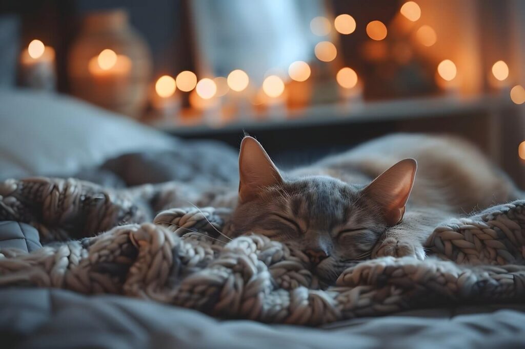 猫が毛布に包まって気持ちよさそうに眠っている様子